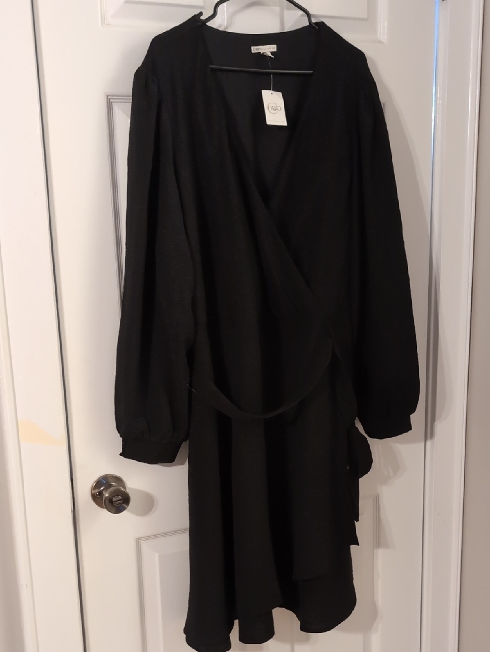 Cato Black Long-Sleeve Wrap Dress with Balloon Sleeves